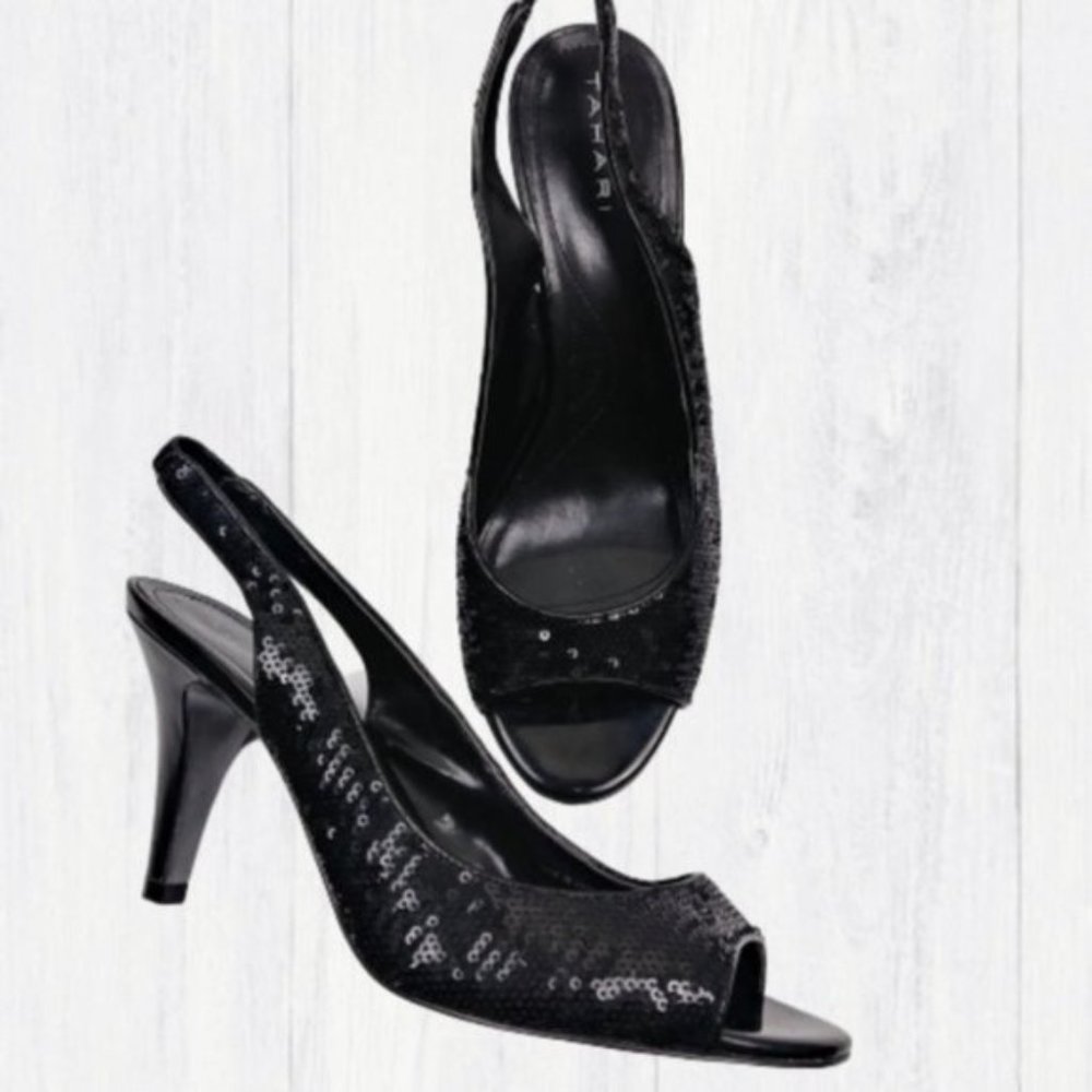 Tahari Sparkly Sequin Black Slingback Heels